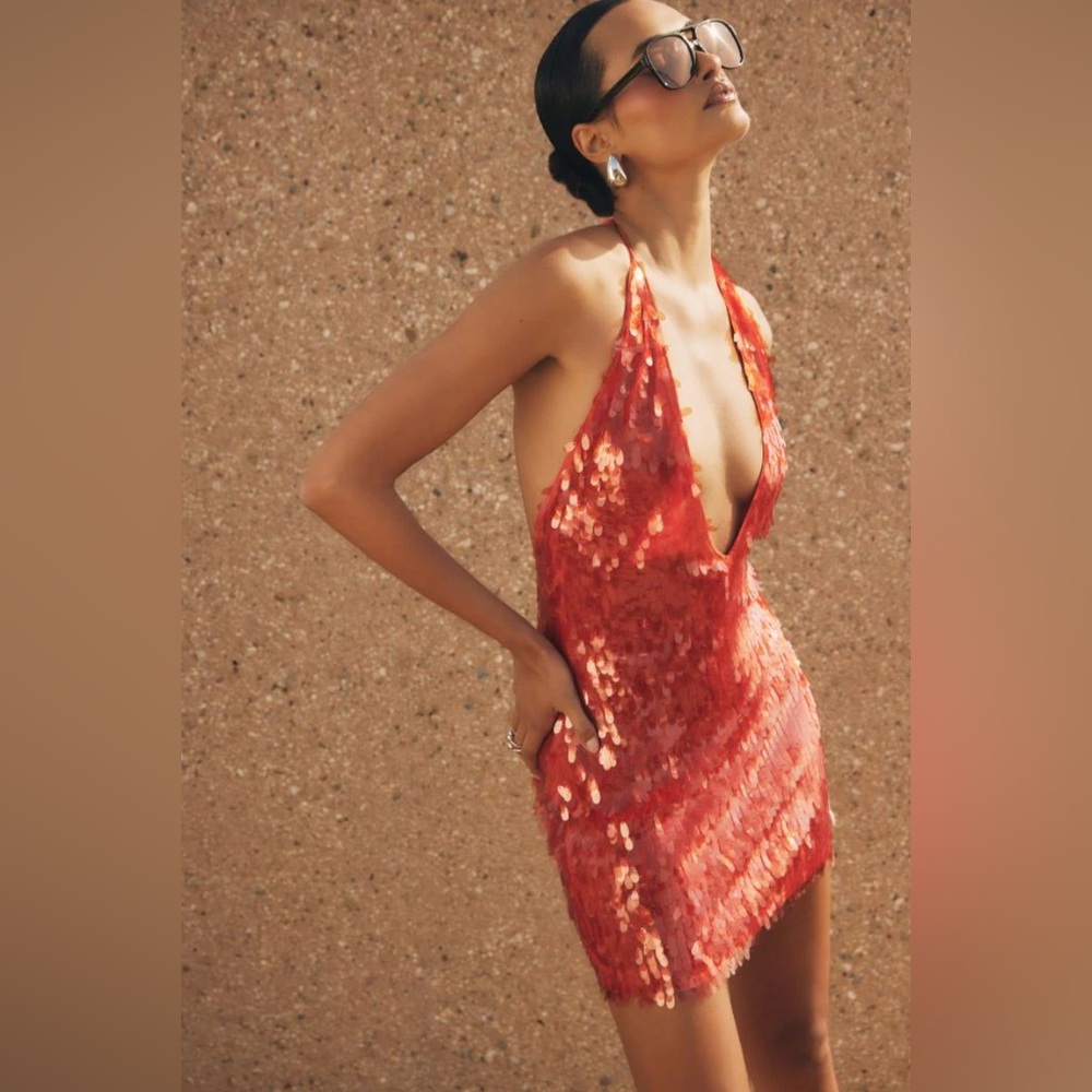 Meshki Dark Orange Sequin Halter Mini Dress